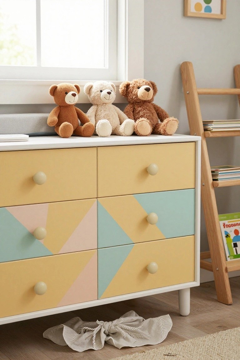A white dresser with drawers painted in pastel yellow, mint green, and pink geometric patterns including triangles and chevrons, topped with three teddy bears.