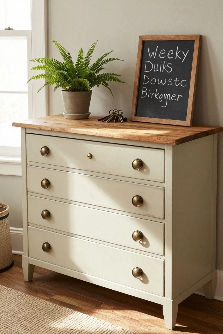 Cream dresser with wooden top, fern, chalkboard, and keys.