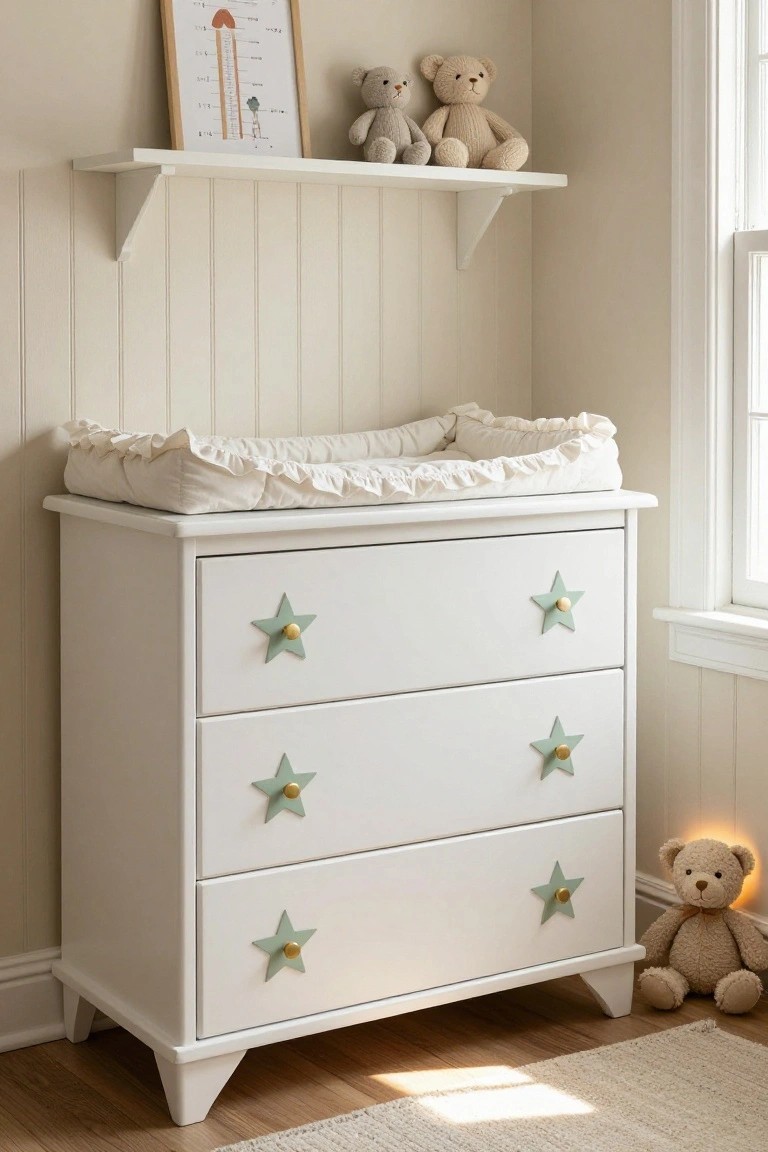 White dresser with star knobs and changing pad in nursery.