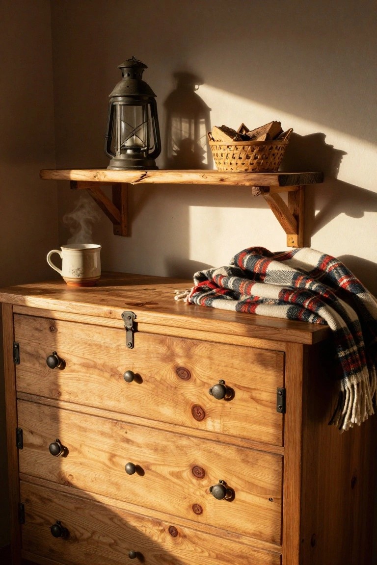 Rustic wooden dresser with lantern, blanket, and steaming mug.