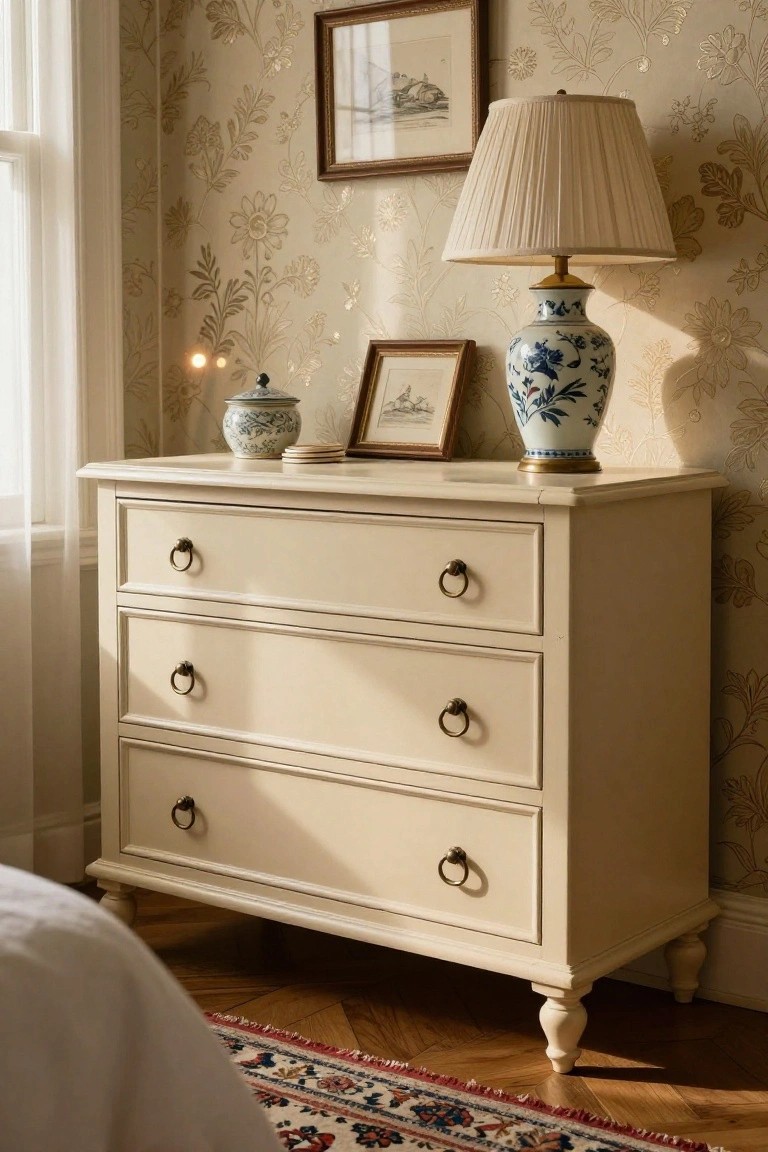 Cream dresser with blue-and-white lamp beside framed art on floral wallpaper.