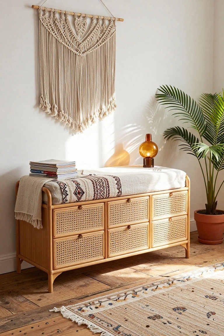 Woven rattan bench with cushion, books, macramé wall hanging, and potted plant.
