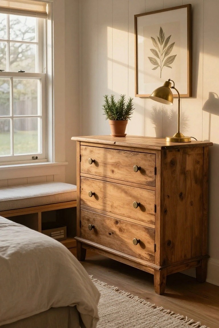 Wooden dresser with plant and brass lamp under framed art.