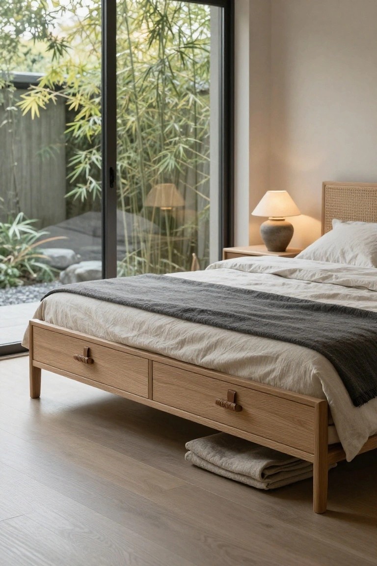 A light wood platform bed with two built-in drawers featuring leather handles, positioned beside a window with a small bedside table and lamp.