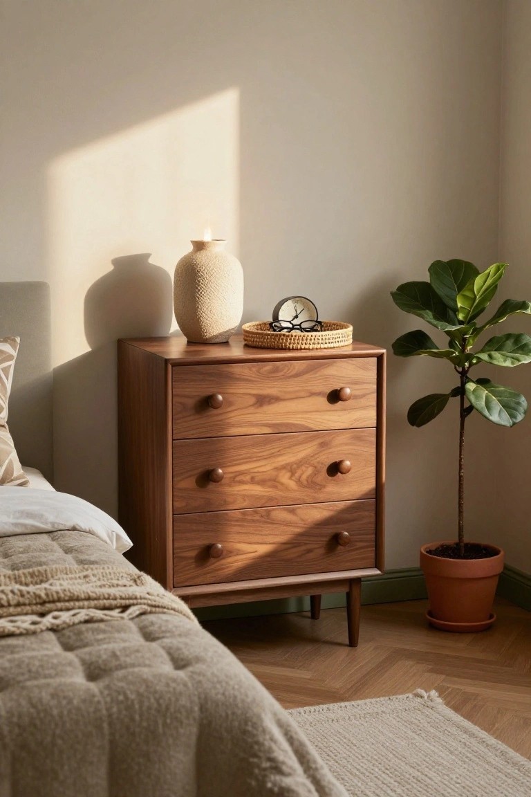 Wooden nightstand with vase, clock, and plant beside a cozy bed.