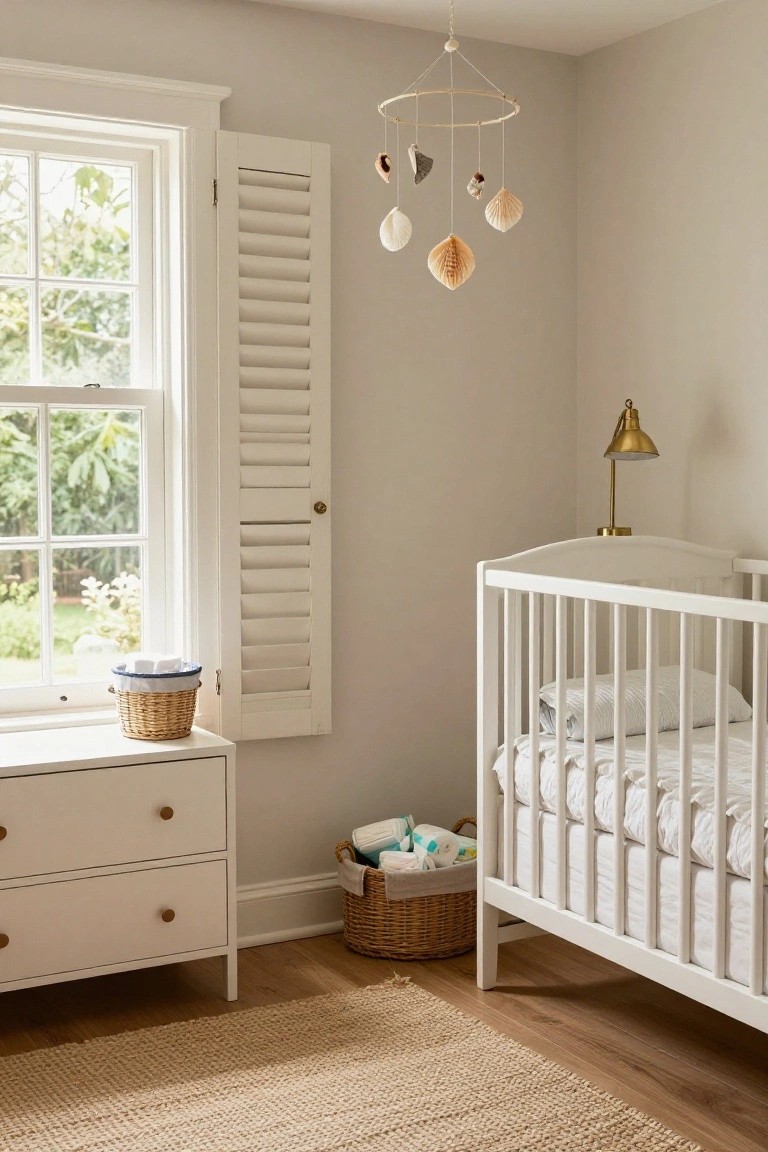 Bright nursery with white crib, seashell mobile, and wooden dresser.
