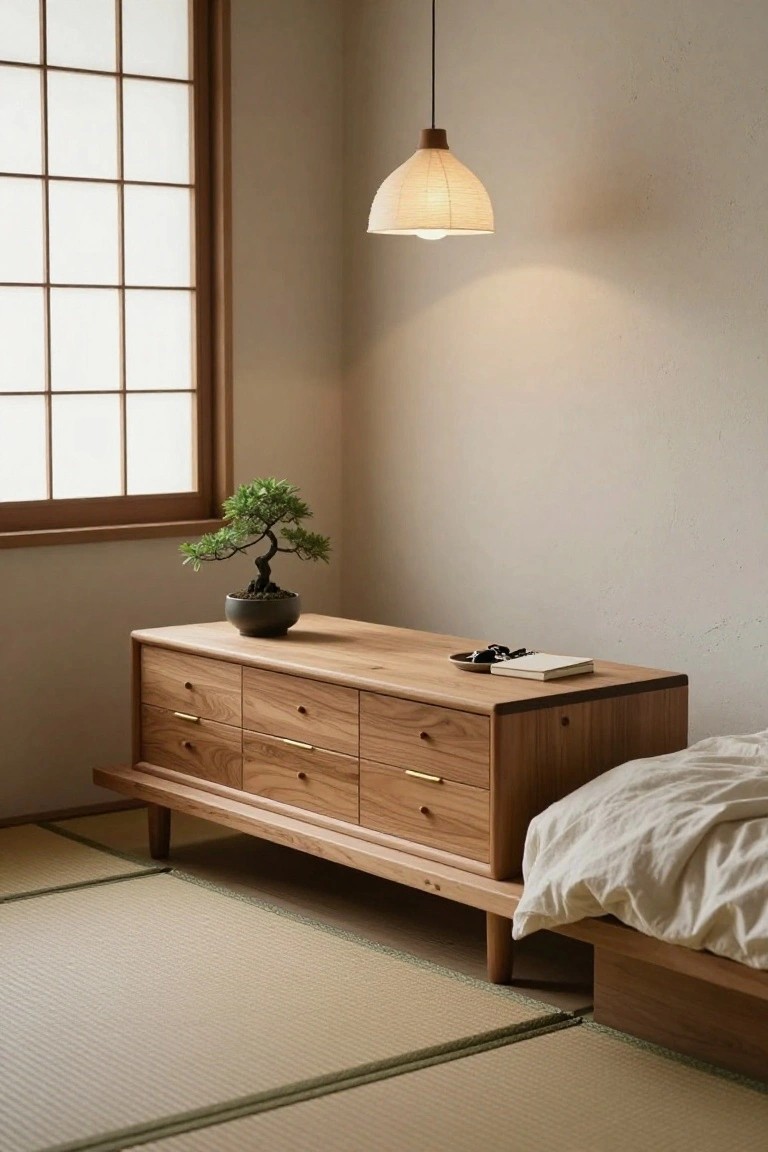 A low wooden cabinet with six drawers holds a small potted tree and a few items beside a bed in a room with tatami flooring and a shoji window.