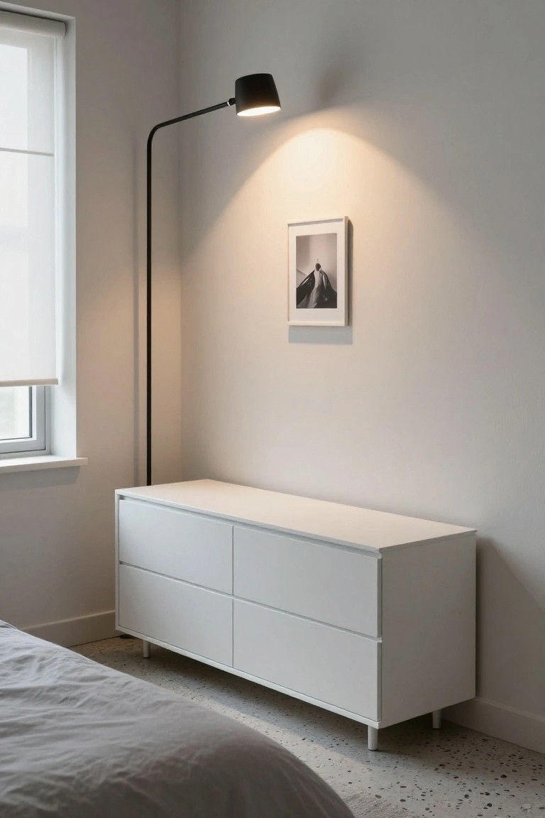 A white four-drawer dresser against a plain wall under a black floor lamp, with a framed photo above it and part of a bed visible in the foreground.