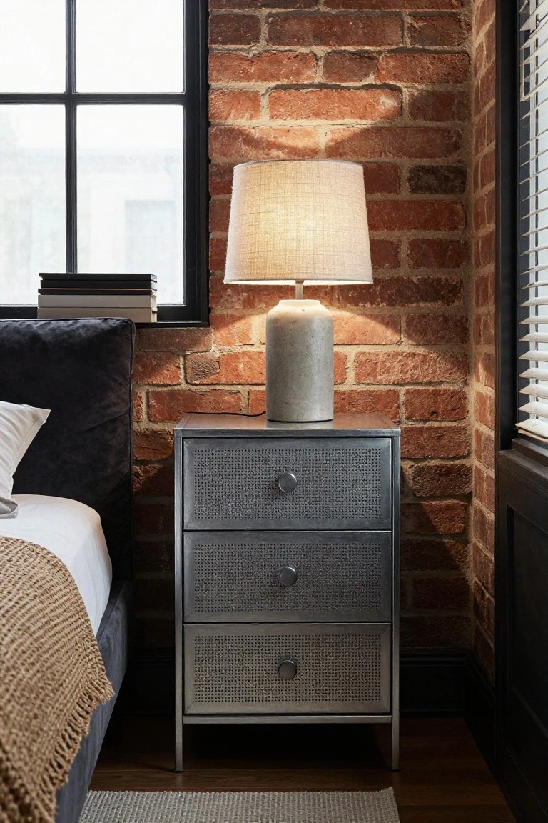 Bedside table with lamp against red brick wall near window.