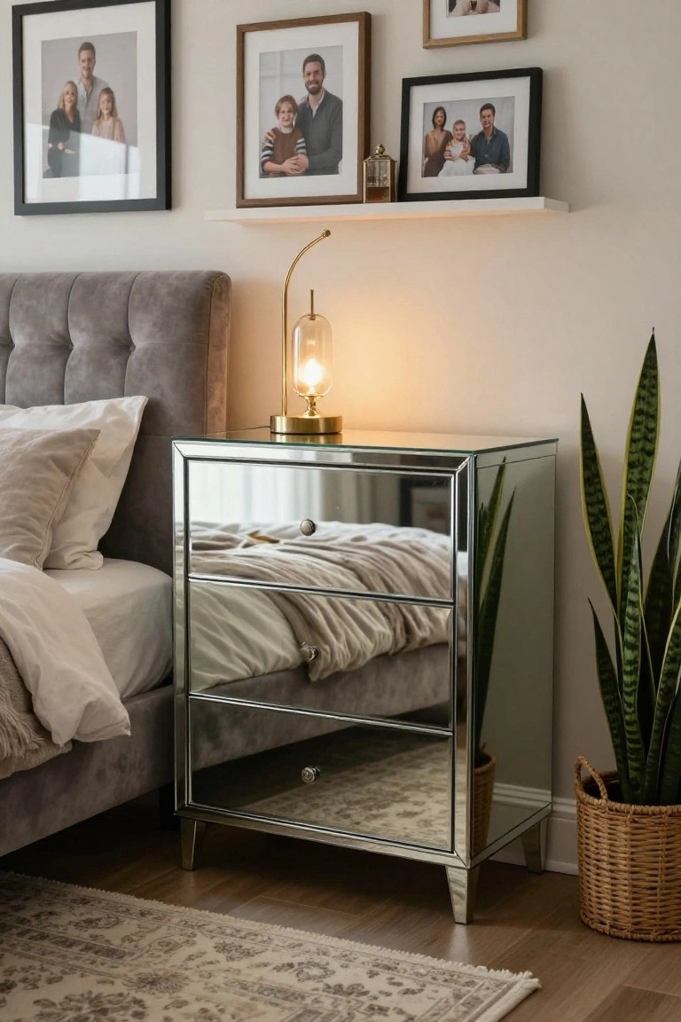 A mirrored three-drawer nightstand with a lit lamp on top sits next to a bed in a bedroom with framed photos on the wall above.