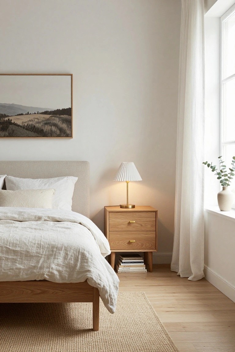 Minimalist bedroom with oak nightstand, pleated lamp, and neutral linens.