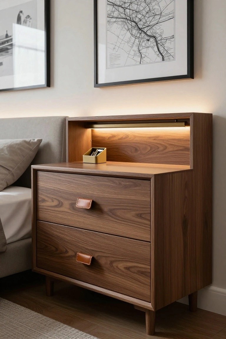 Modern wooden nightstand with two drawers and illuminated open shelf.