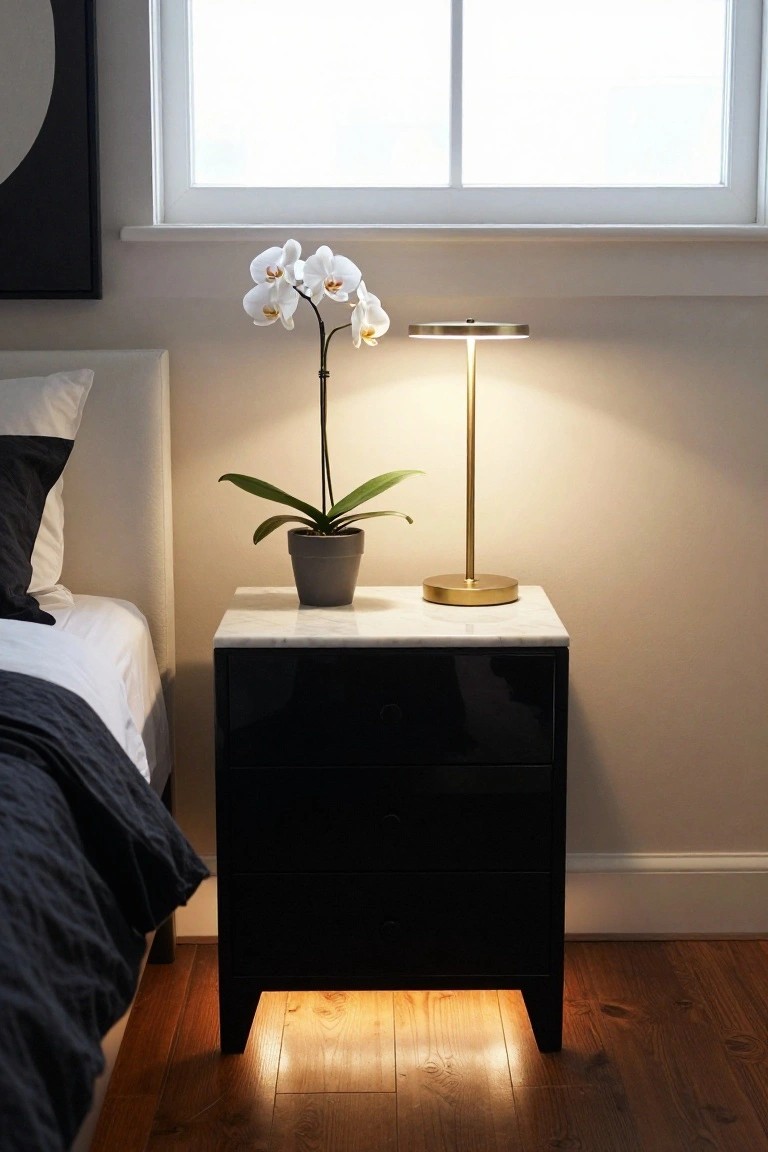 A black three-drawer nightstand with a white marble top holds a potted white orchid and a lit brass lamp beside a bed in a bedroom.