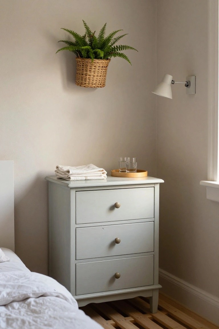 A light gray three-drawer nightstand with a tray of glasses and folded linens sits next to a bed in a neutral bedroom.