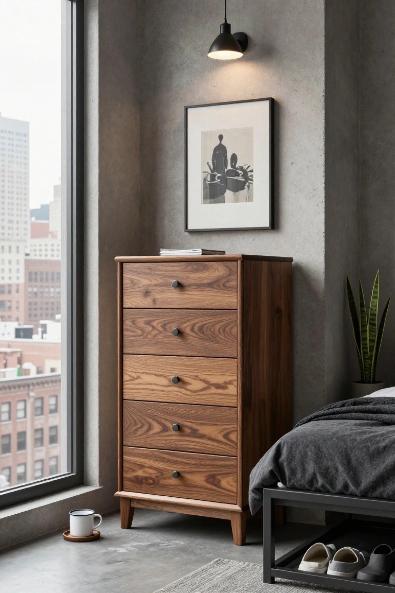 A tall wooden chest with five drawers sits next to a bed in a bedroom with a large window on the left.