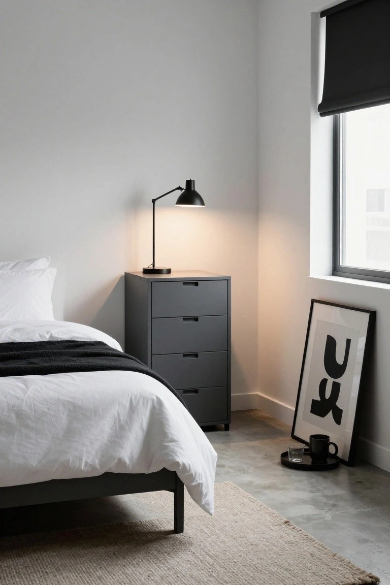 A bedroom with a bed on the left and a gray four-drawer chest beside it topped by a black lamp, next to a window with a dark blind.