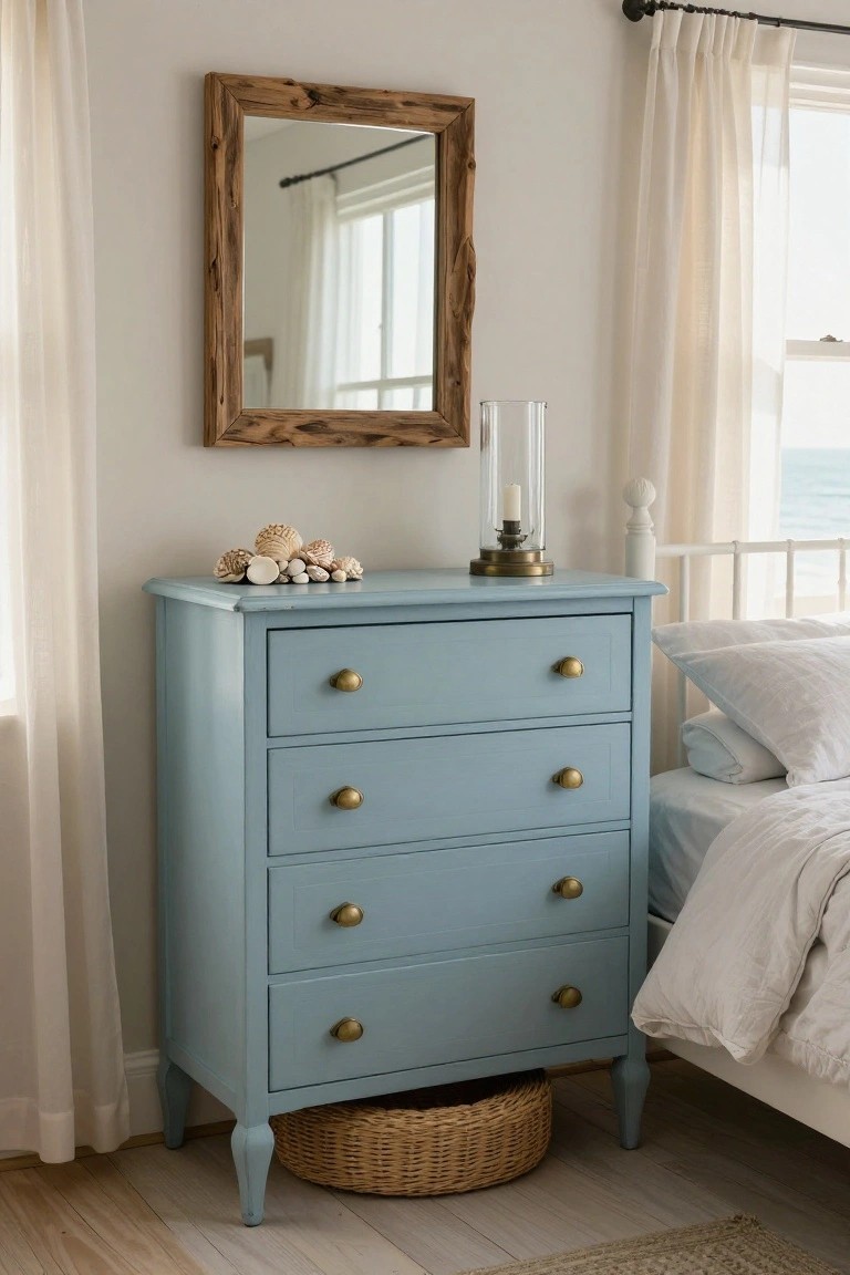 Light blue dresser with brass knobs beside a bed and wooden mirror.
