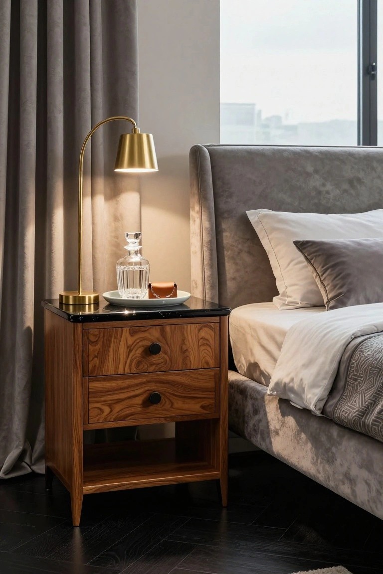 Modern wooden nightstand with brass lamp beside gray velvet bed.