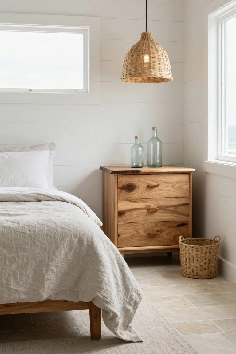 A light wood three-drawer bedside table with two glass bottles on top sits beside a bed with white linens in a bright room.