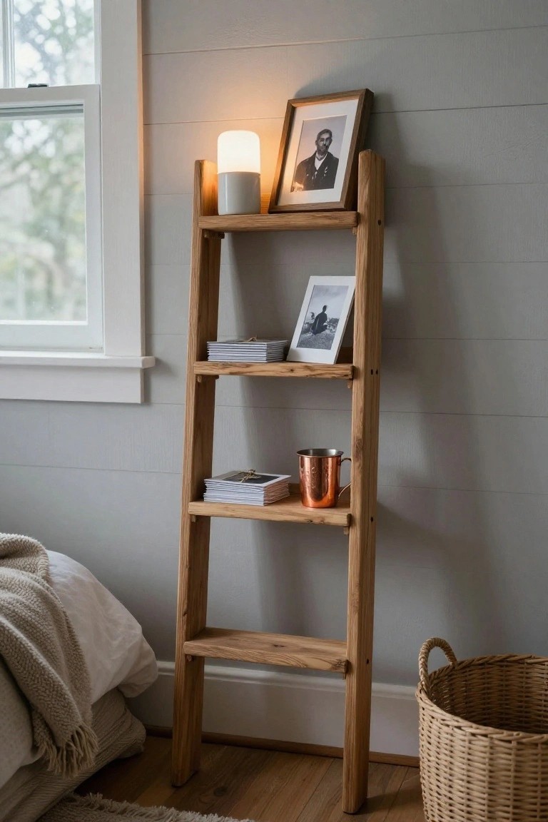 Wooden leaning ladder shelf with framed photos, books, and copper mug.