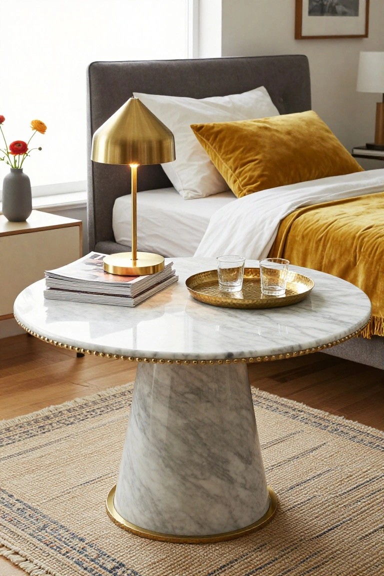 Marble coffee table with brass lamp, books, and tray on rug.