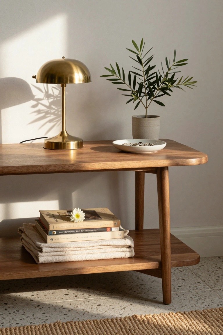 Wooden table with brass lamp, plant, books, and folded linens.