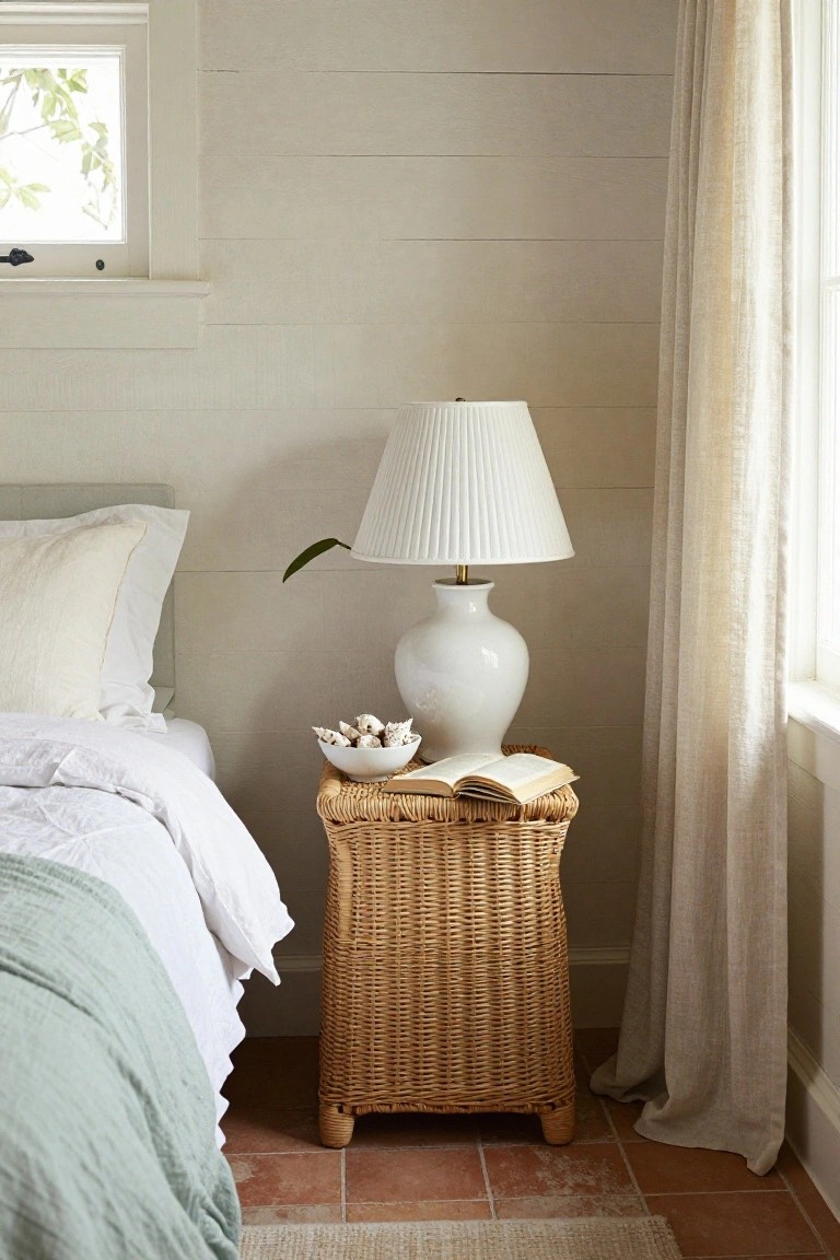 Bedside wicker table with white lamp and open book.