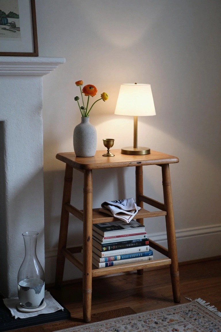 Wooden side table with lamp, flowers, books, and rug nearby.