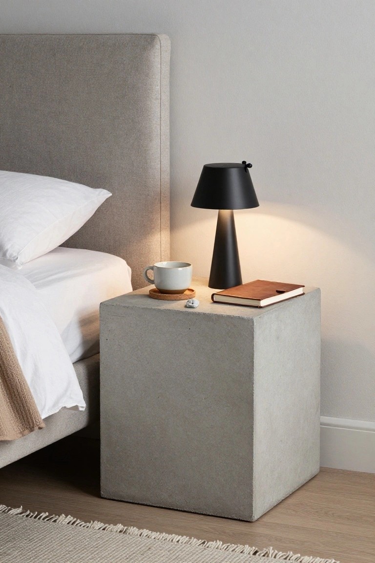 Minimalist concrete nightstand with black lamp, mug, and leather notebook beside bed.