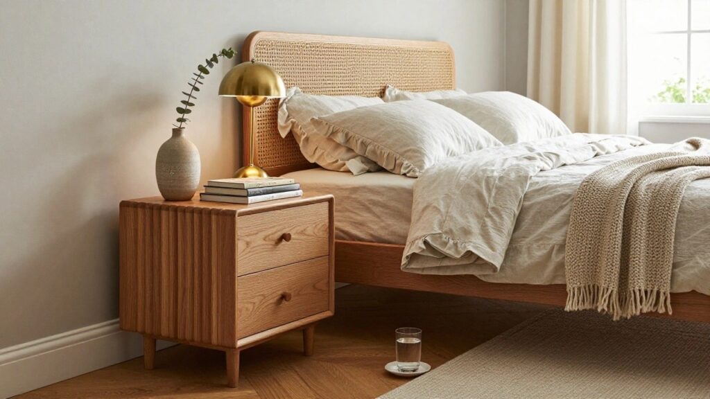 19 Effortless Simple Bedside Table Ideas That Always Work A wooden bedside table with a drawer and open shelf holding stacked books, positioned next to a bed with a woven cane headboard.