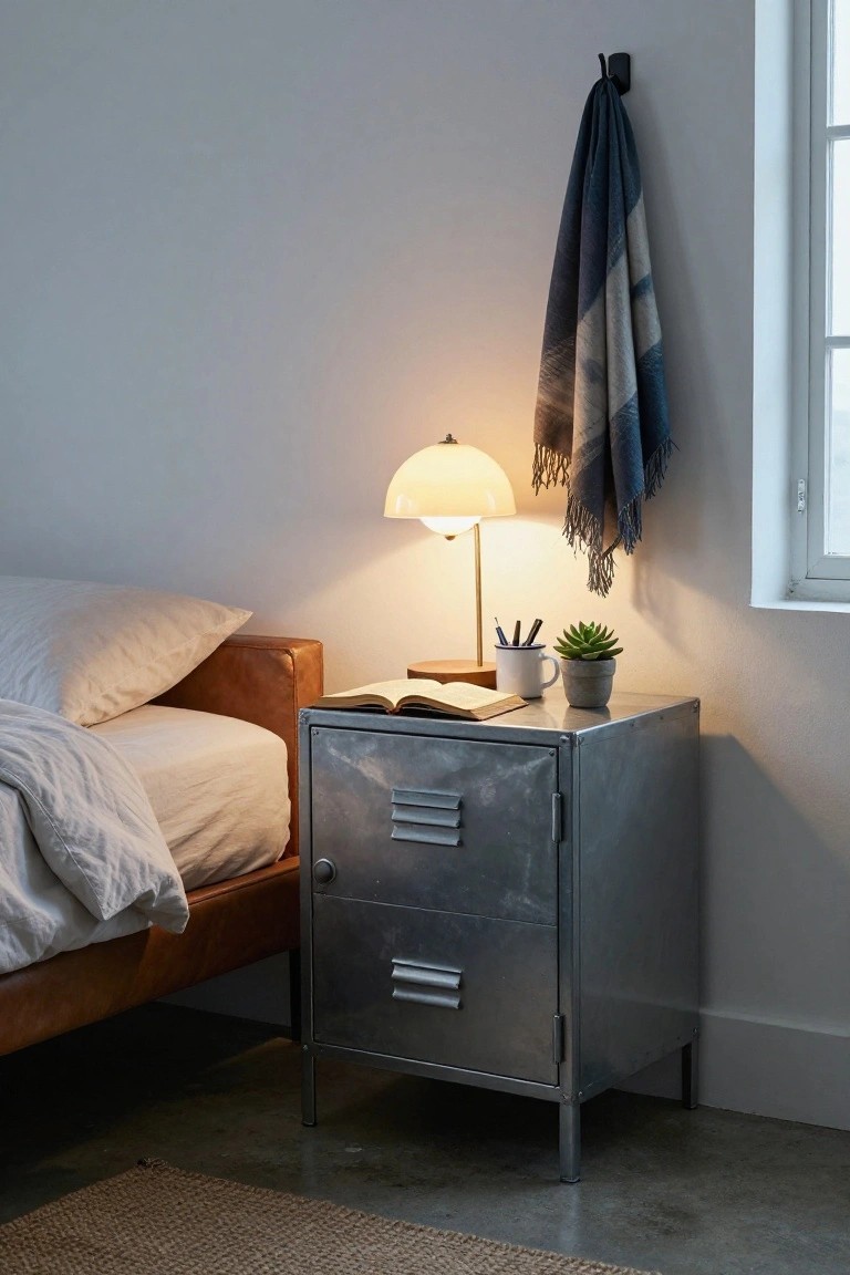 Metal nightstand with glowing lamp, open book, and hanging plaid scarf.