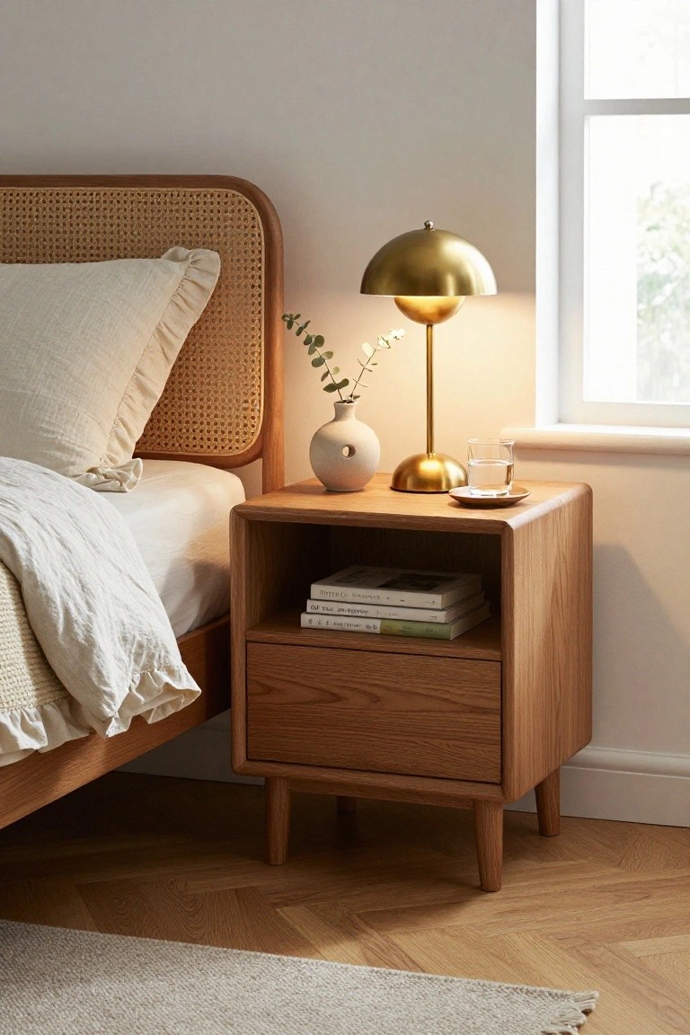 A wooden bedside table with a drawer and open shelf holding stacked books, positioned next to a bed with a woven cane headboard.