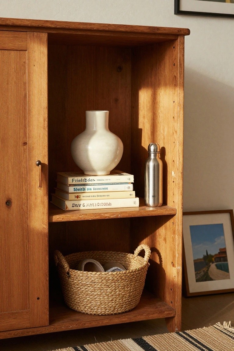 Wooden cabinet with white vase, books, metal bottle, and woven basket.