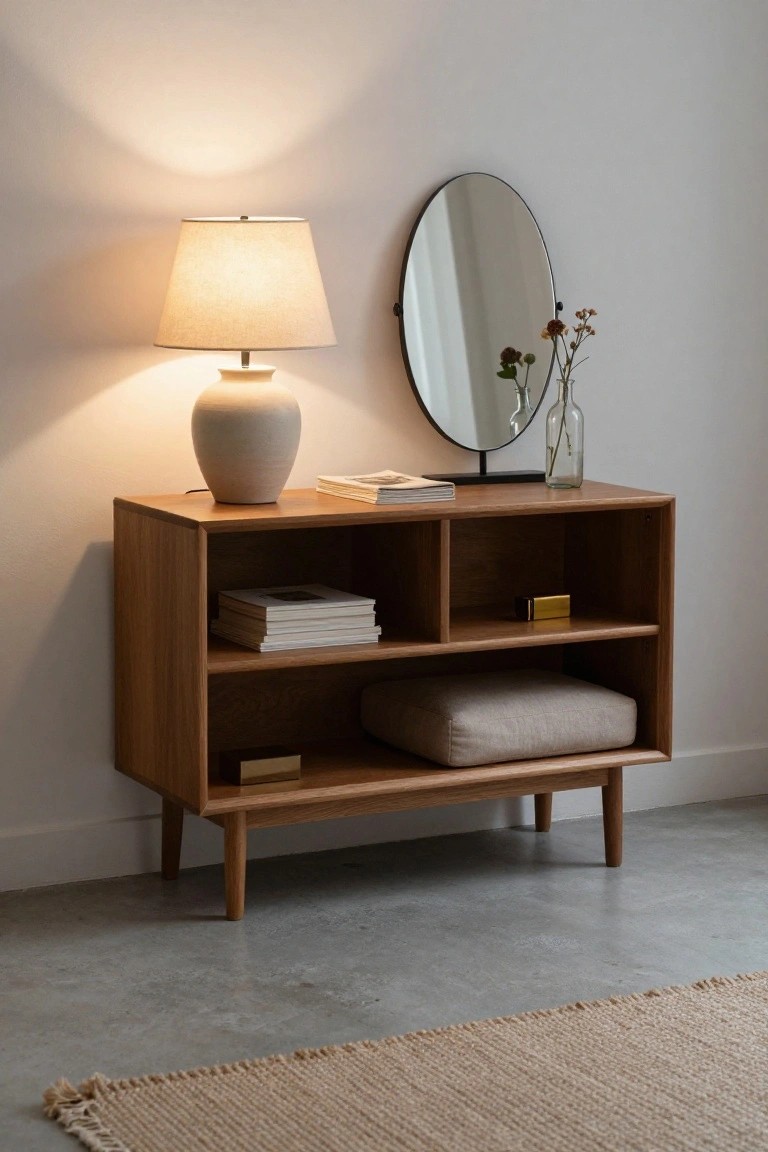 Wooden console with lit lamp, round mirror, books, cushion, and vases.