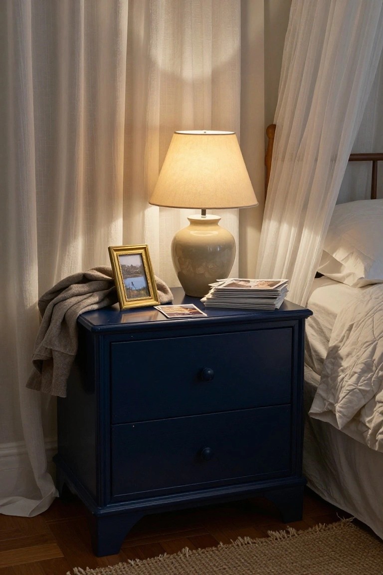 Navy nightstand with lamp, picture frame, and magazines beside bed.
