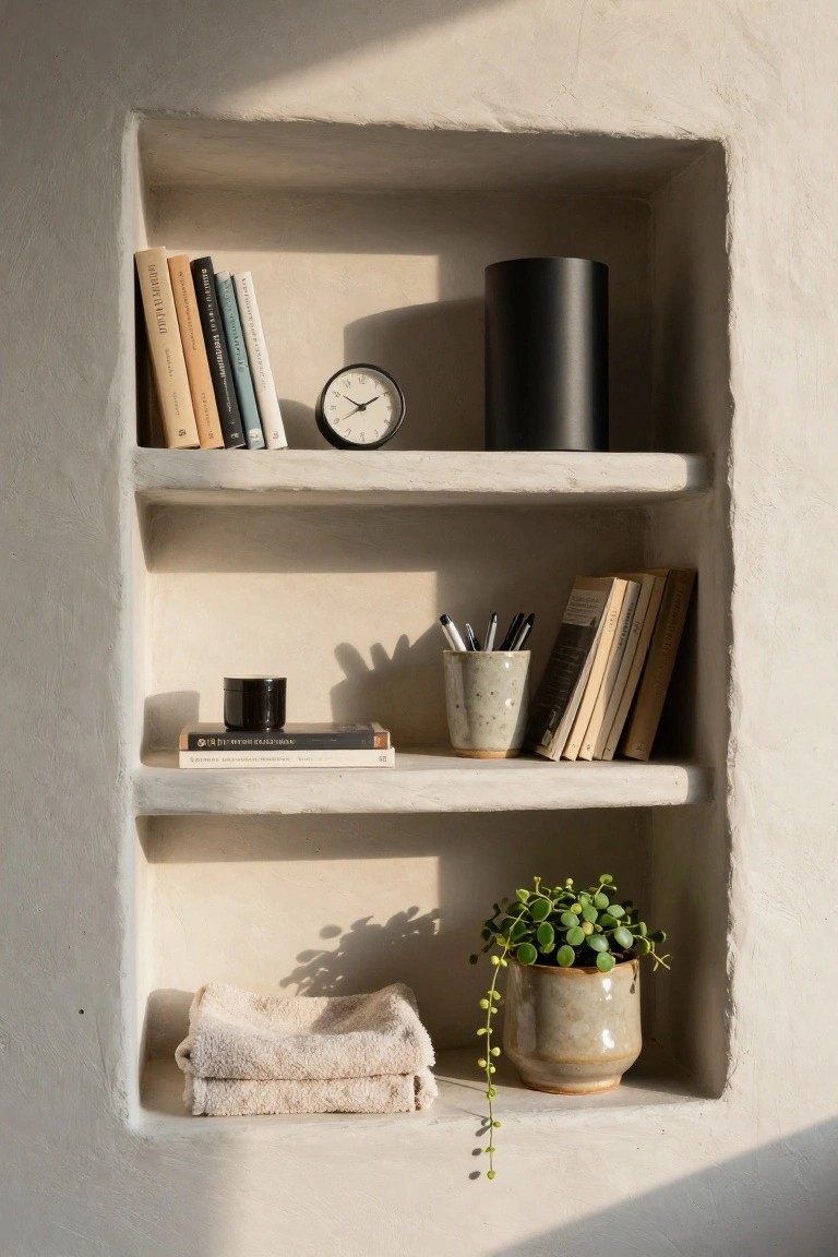 A recessed wall niche with three white shelves displaying books, a small clock, a black container, a ceramic cup with pens, stacked books, folded towels, and a potted plant.