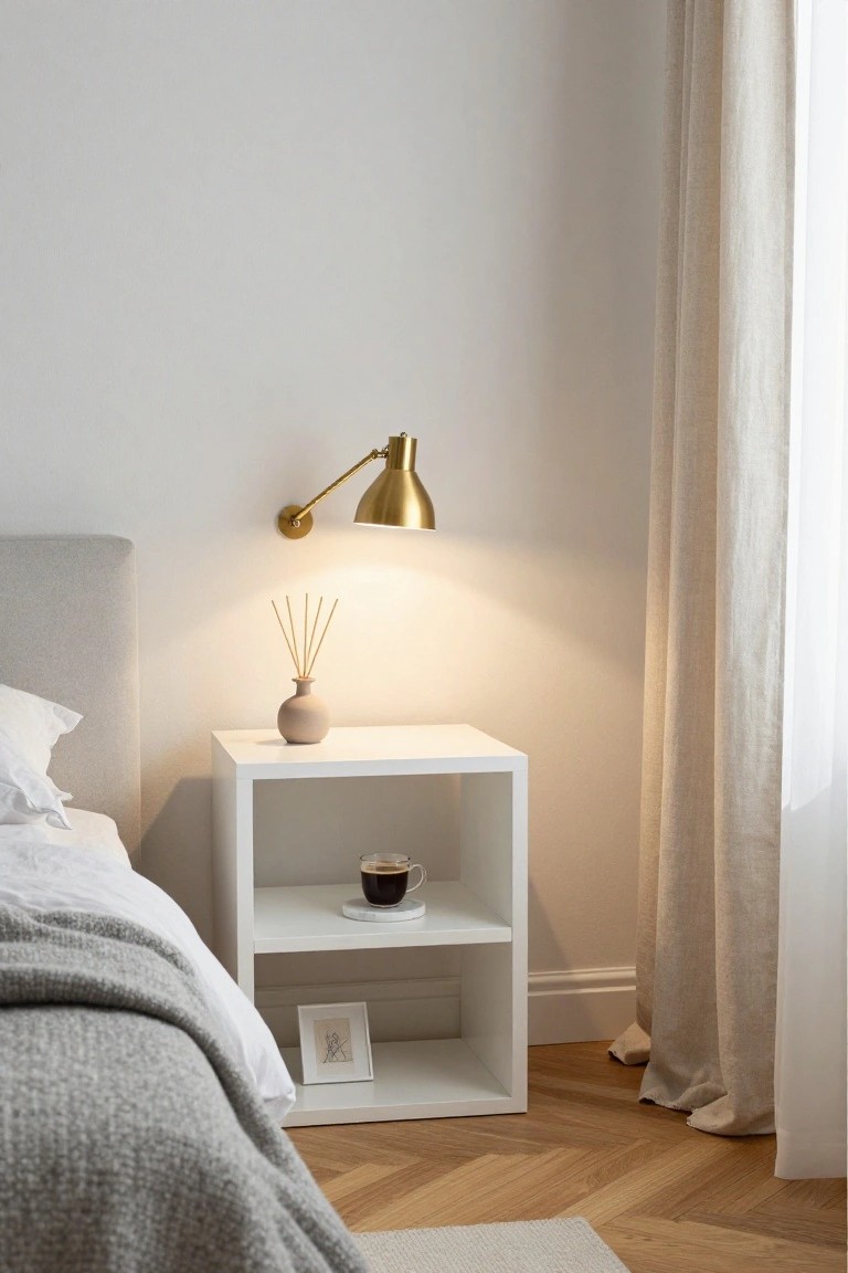 Minimalist bedroom with white nightstand, brass lamp, and beige curtains.