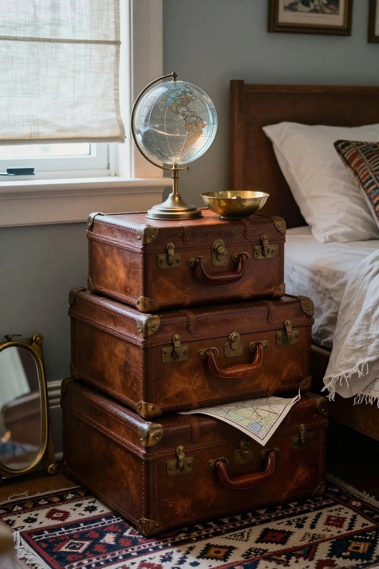Stacked vintage leather suitcases with globe and map in bedroom.