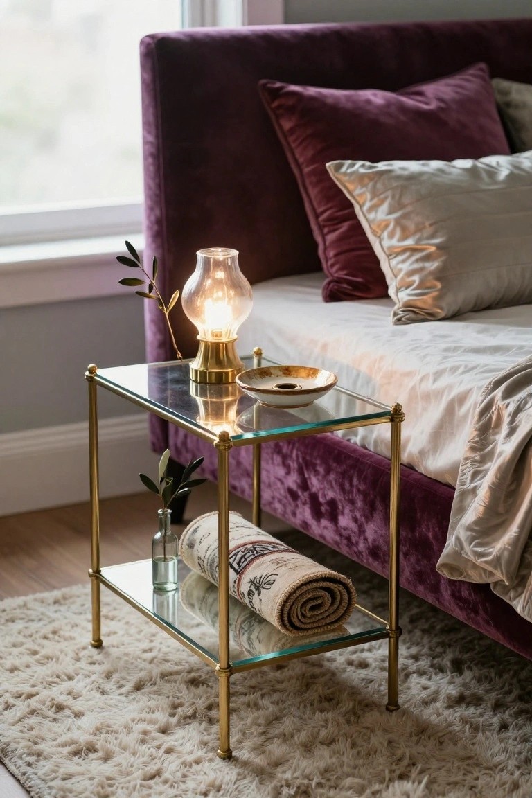 Glass side table with lit lamp beside purple velvet bed.