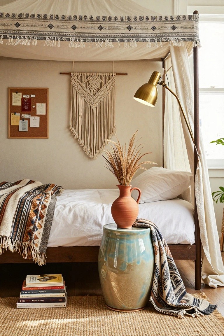 A bedroom with a large ceramic pot used as a bedside table next to a bed with white linens, topped with a terracotta vase holding dried grasses and a stack of books on the floor beside it.