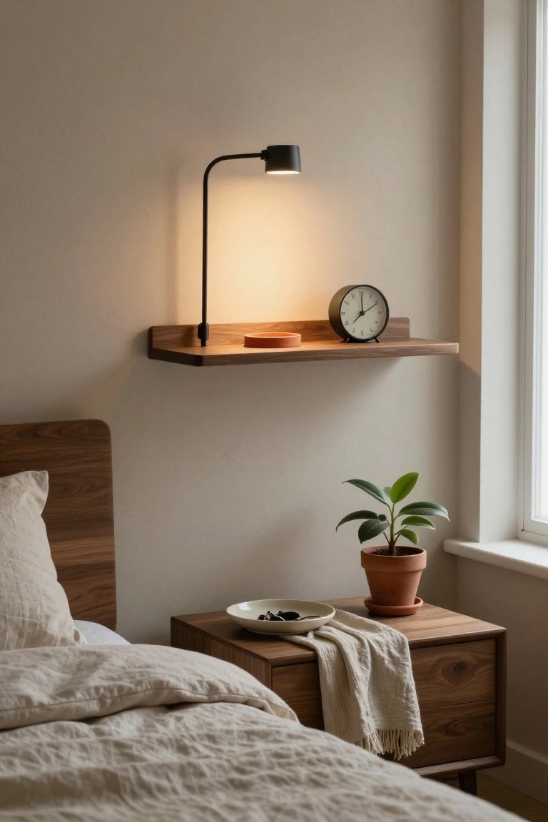 Minimalist bedroom with wooden shelf, black lamp, clock, and potted plant.