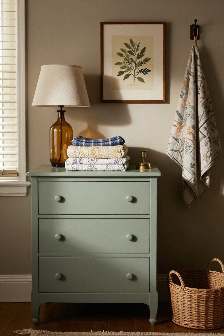 Sage green dresser topped with lamp and folded linens, with framed botanical print above.