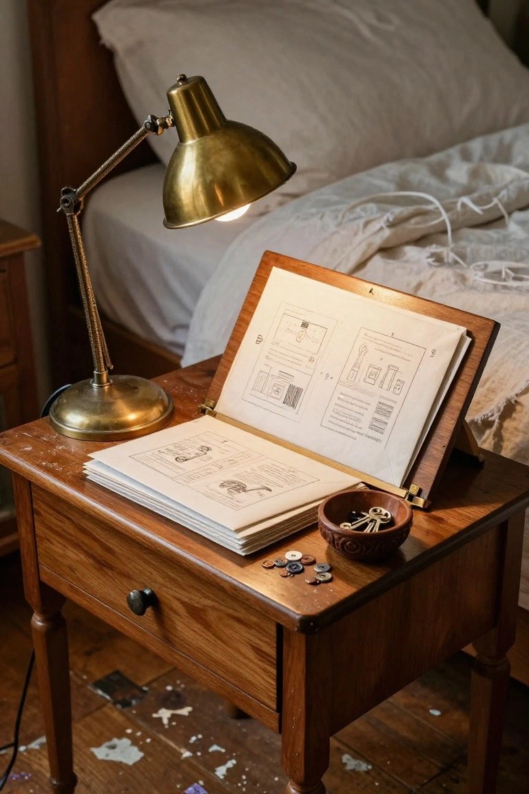 Brass lamp illuminating technical drawings on wooden bedside table.