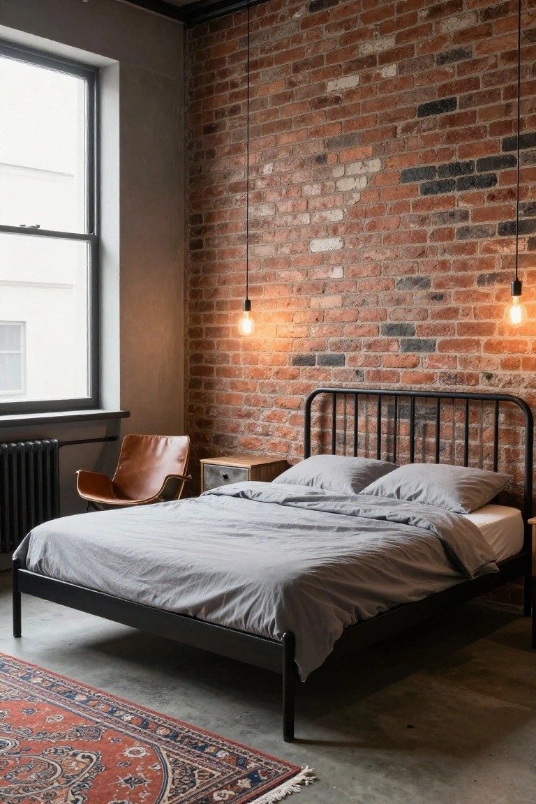 Bedroom with black metal bed frame, gray bedding, exposed brick walls, two pendant lights, brown leather chair, wooden nightstand, radiator, large window, and red Persian rug on concrete floor.