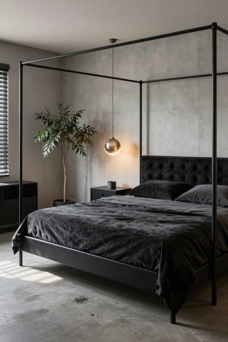 A bedroom with black metal pipe canopy bed frame, tufted black velvet headboard, black velvet bedding, concrete walls, potted tree plant, black nightstands, and hanging globe light.