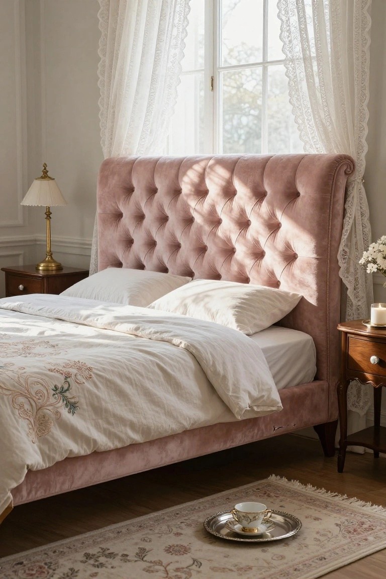 Bedroom interior with blush pink velvet tufted headboard bed frame, white pillows and duvet, wooden nightstands with lamps, sheer lace curtains on window, candle on side table, and pink rug with teacup tray on floor.