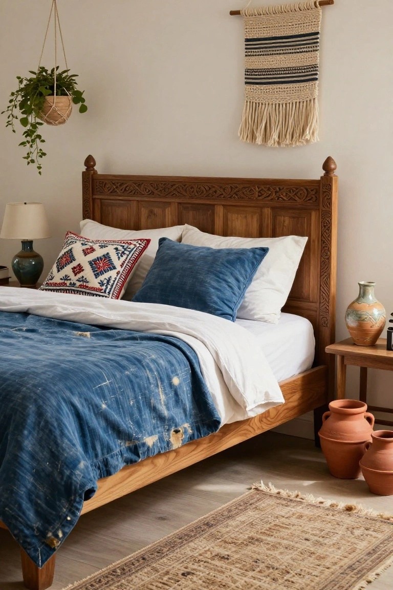 A bedroom with a wooden bed frame featuring an intricately carved headboard, blue quilted bedcover, assorted pillows, two bedside lamps, hanging plant in macrame pot, woven wall hanging, nightstand with vase and pots, and a patterned rug on hardwood floor.