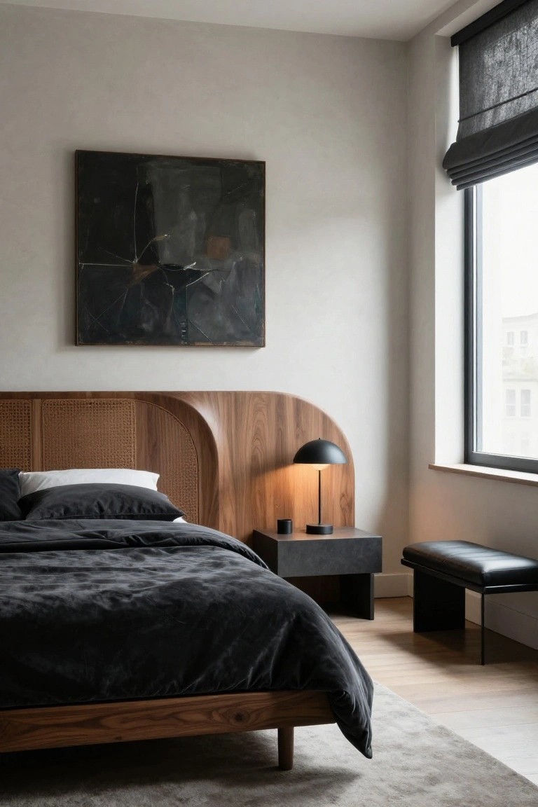A bedroom corner with a curved wooden bed frame featuring a cane-paneled headboard, black velvet bedding, a black lamp on a concrete nightstand, a leather bench, an abstract black painting on a light wall, and a tall window with black blinds.