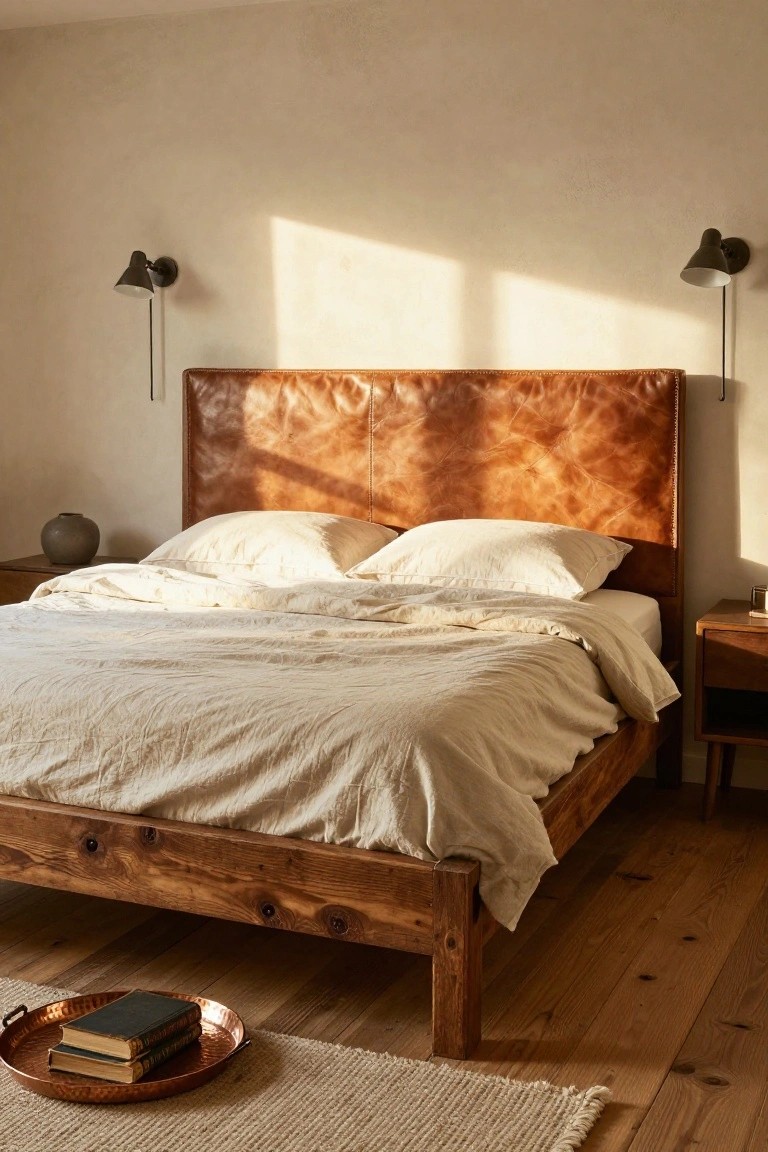 Bedroom with tan leather-upholstered headboard on wooden platform bed, white linen sheets and pillows, wall-mounted black sconces, wooden nightstand, gray vase, books on copper tray on hardwood floor with beige rug.