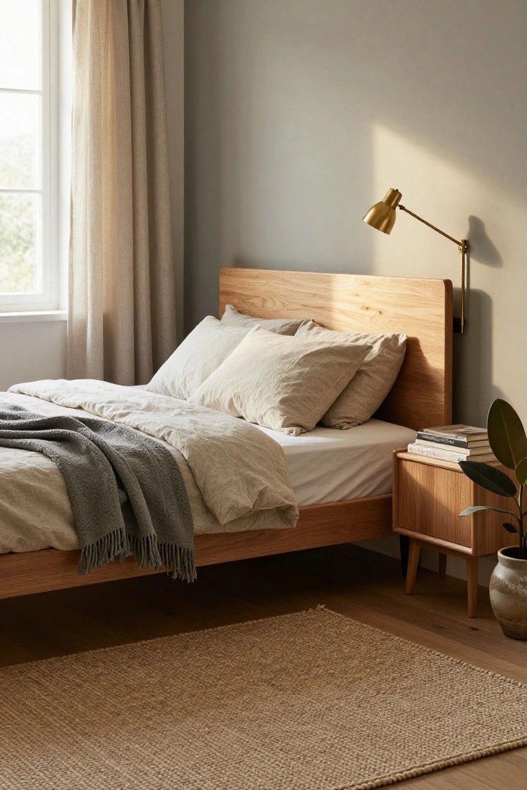 Bedroom with low light oak bed frame, white linen bedding and pillows, gray throw blanket, matching oak nightstand with stacked books and potted plant, brass wall lamp, window with beige curtains, and seagrass rug on wood floor.